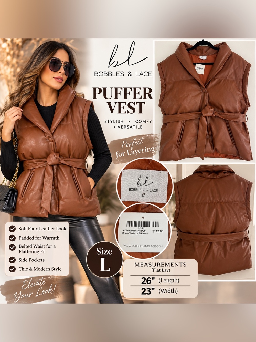 Bobbles & Lace A Diamond In The Puff Women’s Brown Faux Leather Vest Size L